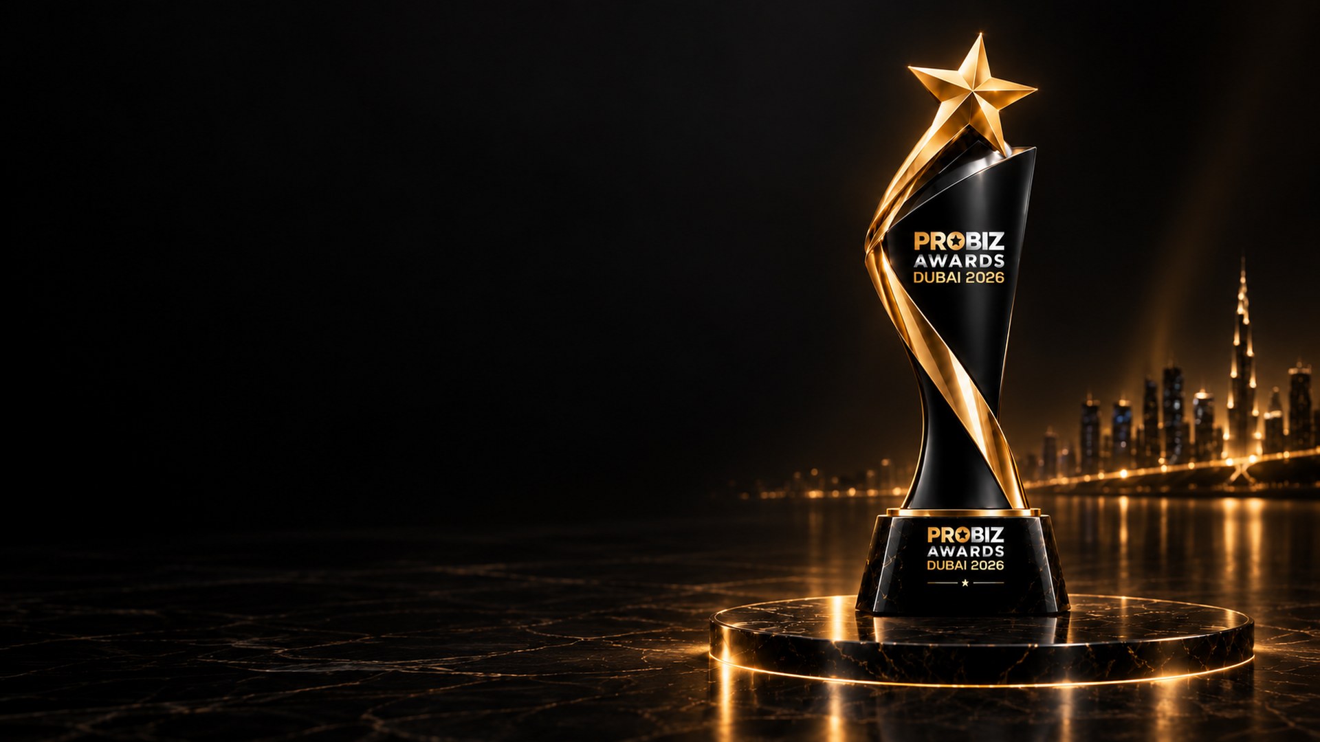 ProBiz Awards trophy with Dubai skyline